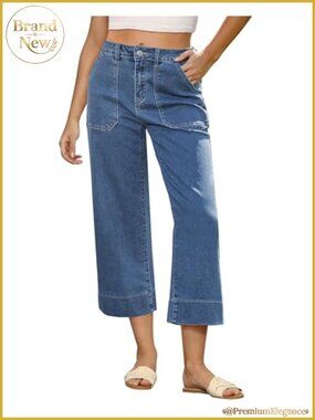 High Waisted Wide Leg Cropped Denim Jeans with Pockets